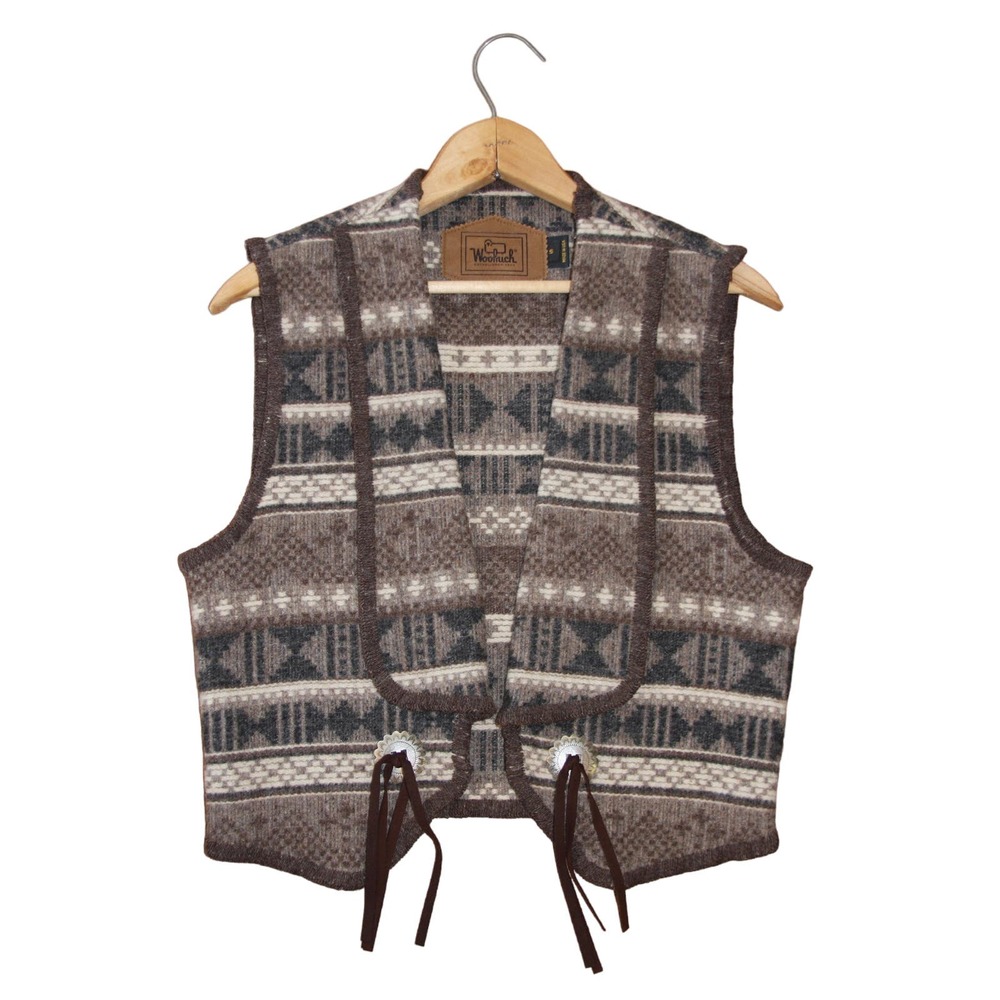Vintage 1990s Women's Woolrich Vest, Size Small Southwestern Fringe Concha Wool